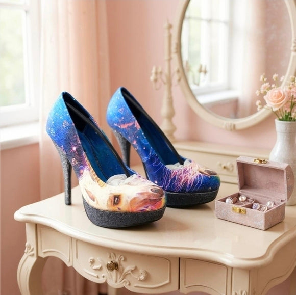 Unicorn Platform Heels with Glitter Sole & Graphic Faux Leather