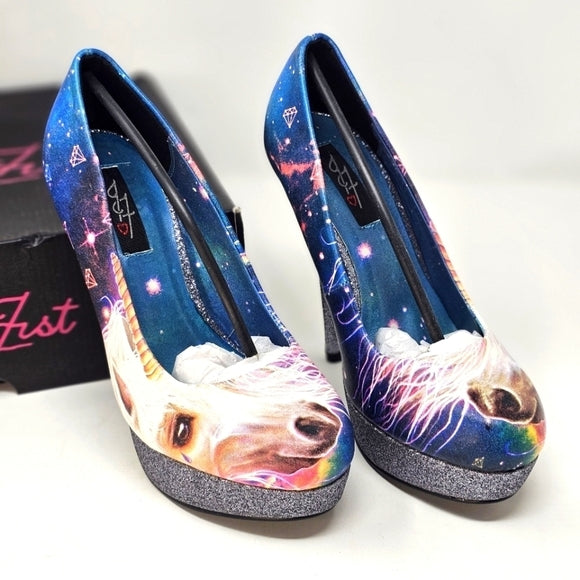 Unicorn Platform Heels with Glitter Sole & Graphic Faux Leather