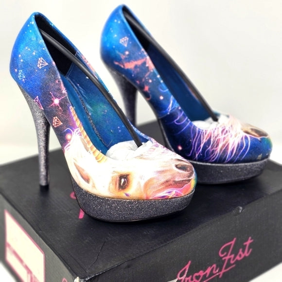 Unicorn Platform Heels with Glitter Sole & Graphic Faux Leather