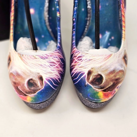 Unicorn Platform Heels with Glitter Sole & Graphic Faux Leather
