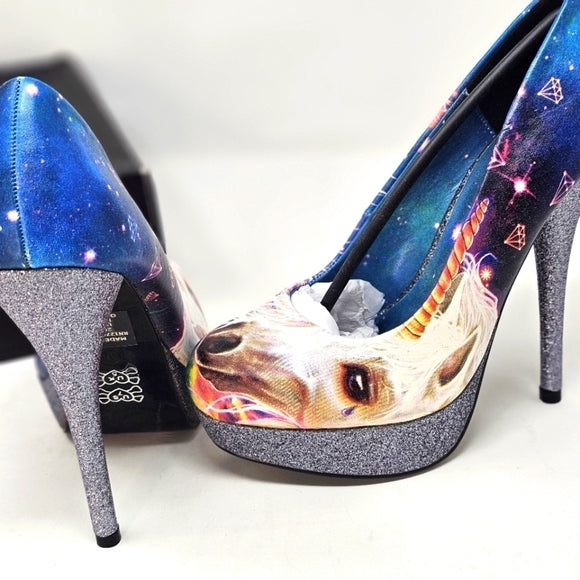 Unicorn Platform Heels with Glitter Sole & Graphic Faux Leather