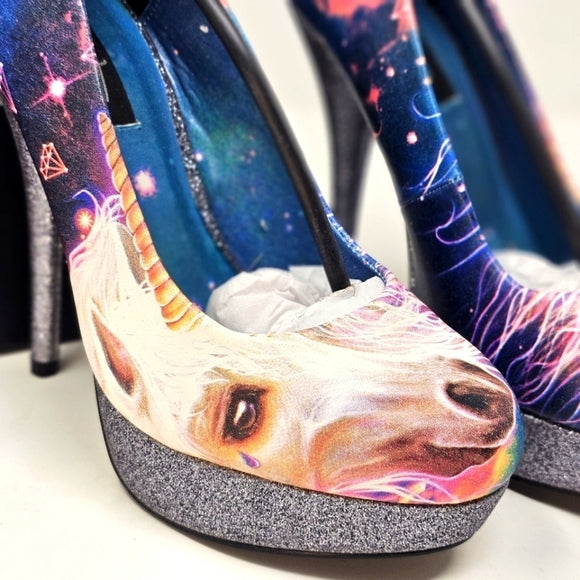 Unicorn Platform Heels with Glitter Sole & Graphic Faux Leather