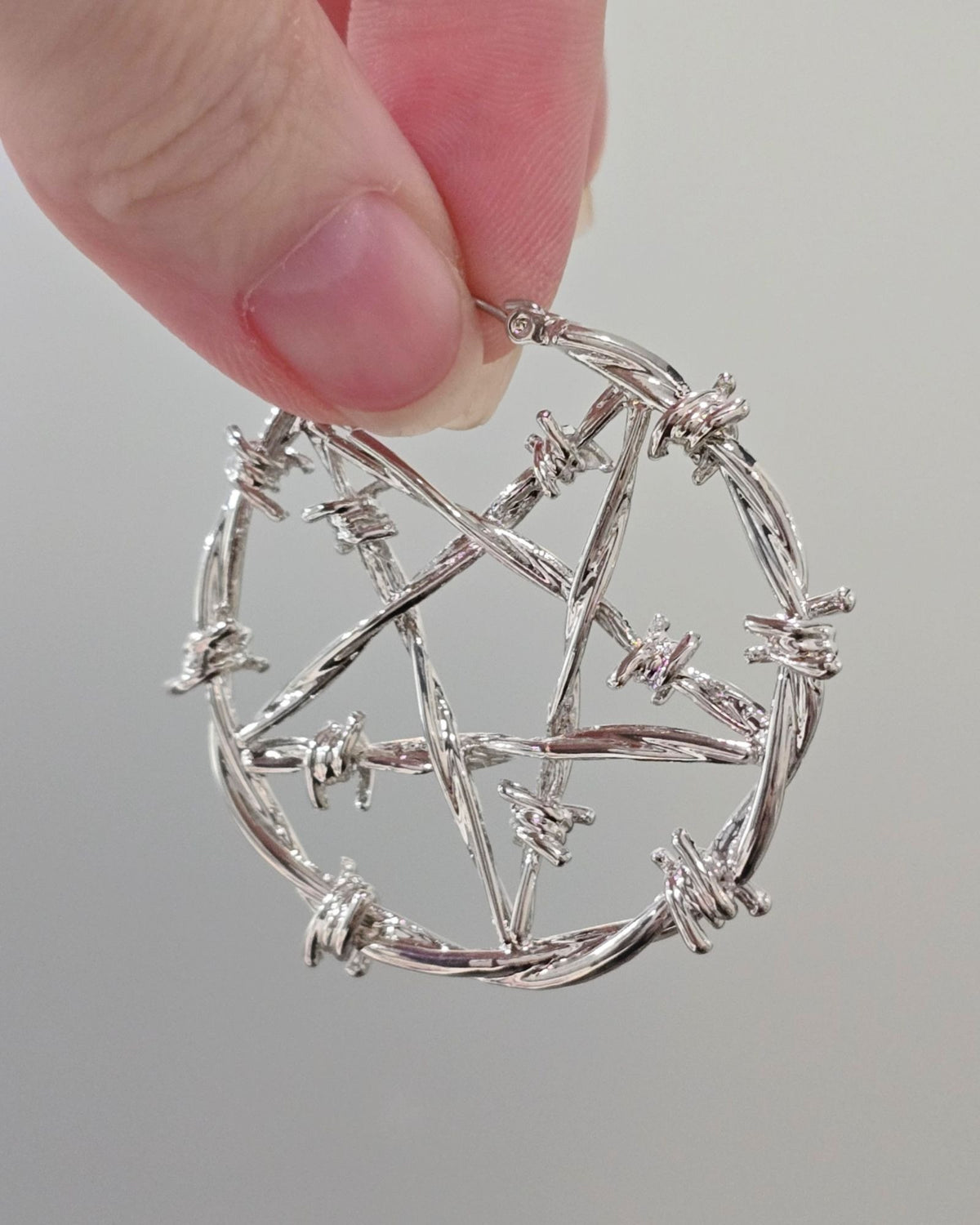 Killstar Lifes A Witch Silver Barbed Wire Pentagram Oversized Hoop Earrings