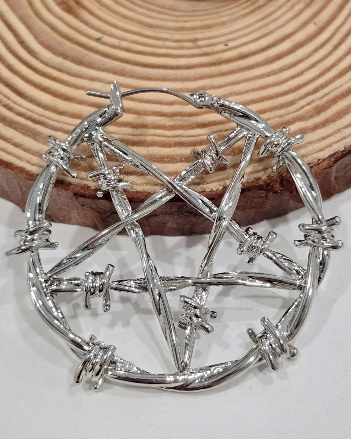Killstar Lifes A Witch Silver Barbed Wire Pentagram Oversized Hoop Earrings