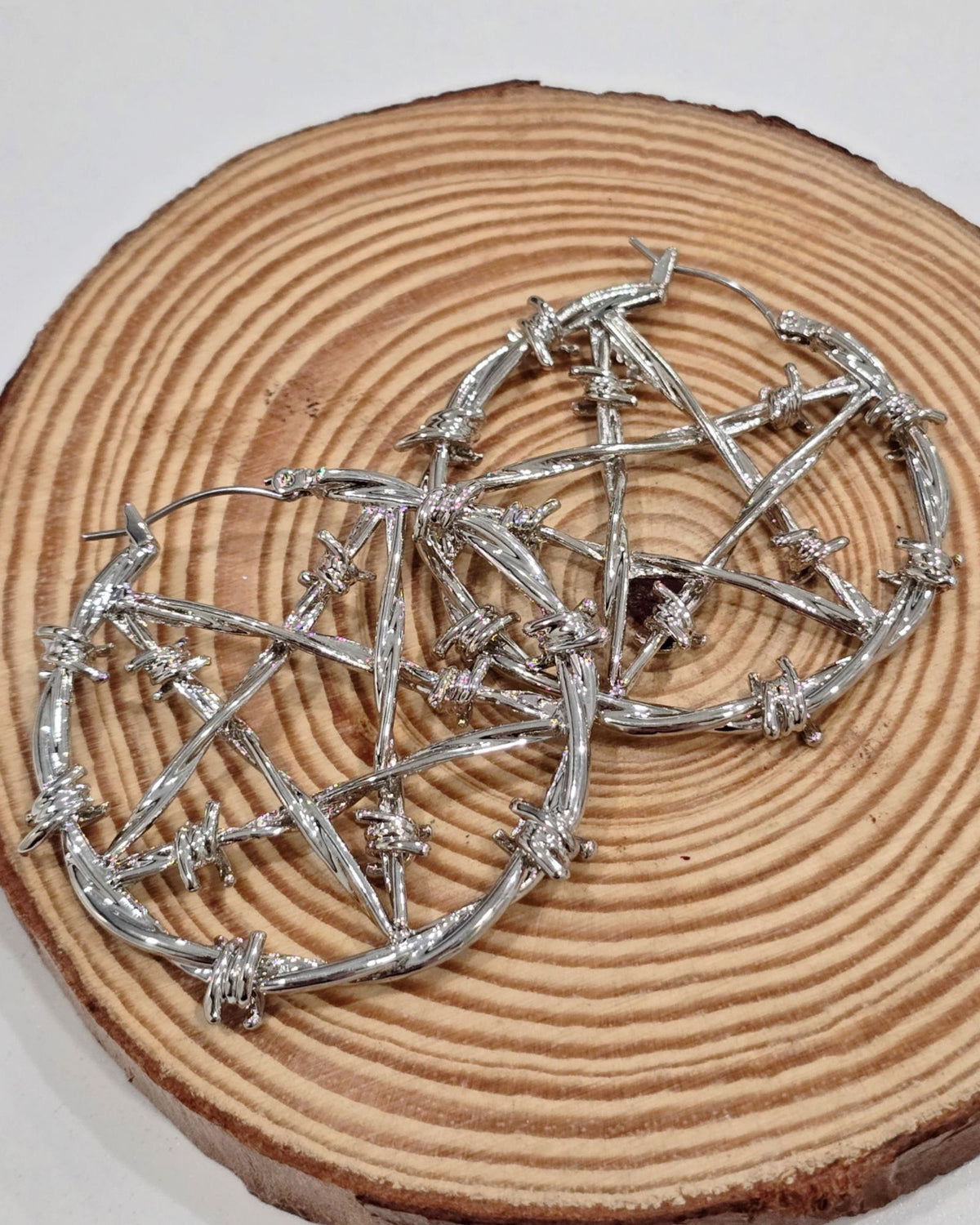 Killstar Lifes A Witch Silver Barbed Wire Pentagram Oversized Hoop Earrings