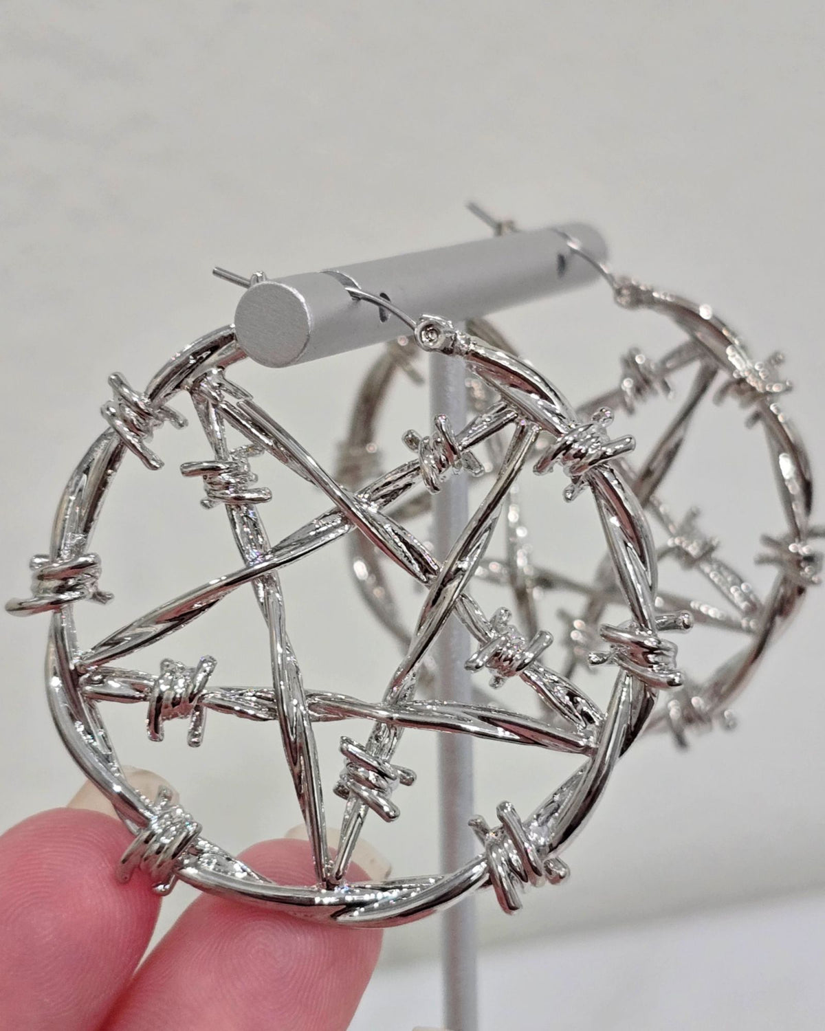 Killstar Lifes A Witch Silver Barbed Wire Pentagram Oversized Hoop Earrings