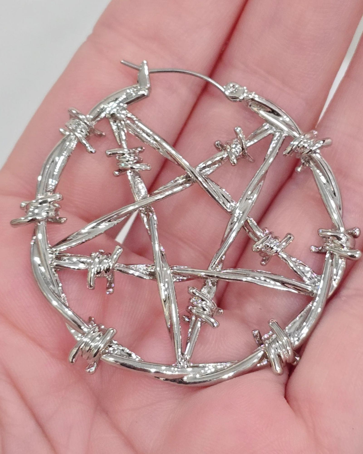 Killstar Lifes A Witch Silver Barbed Wire Pentagram Oversized Hoop Earrings