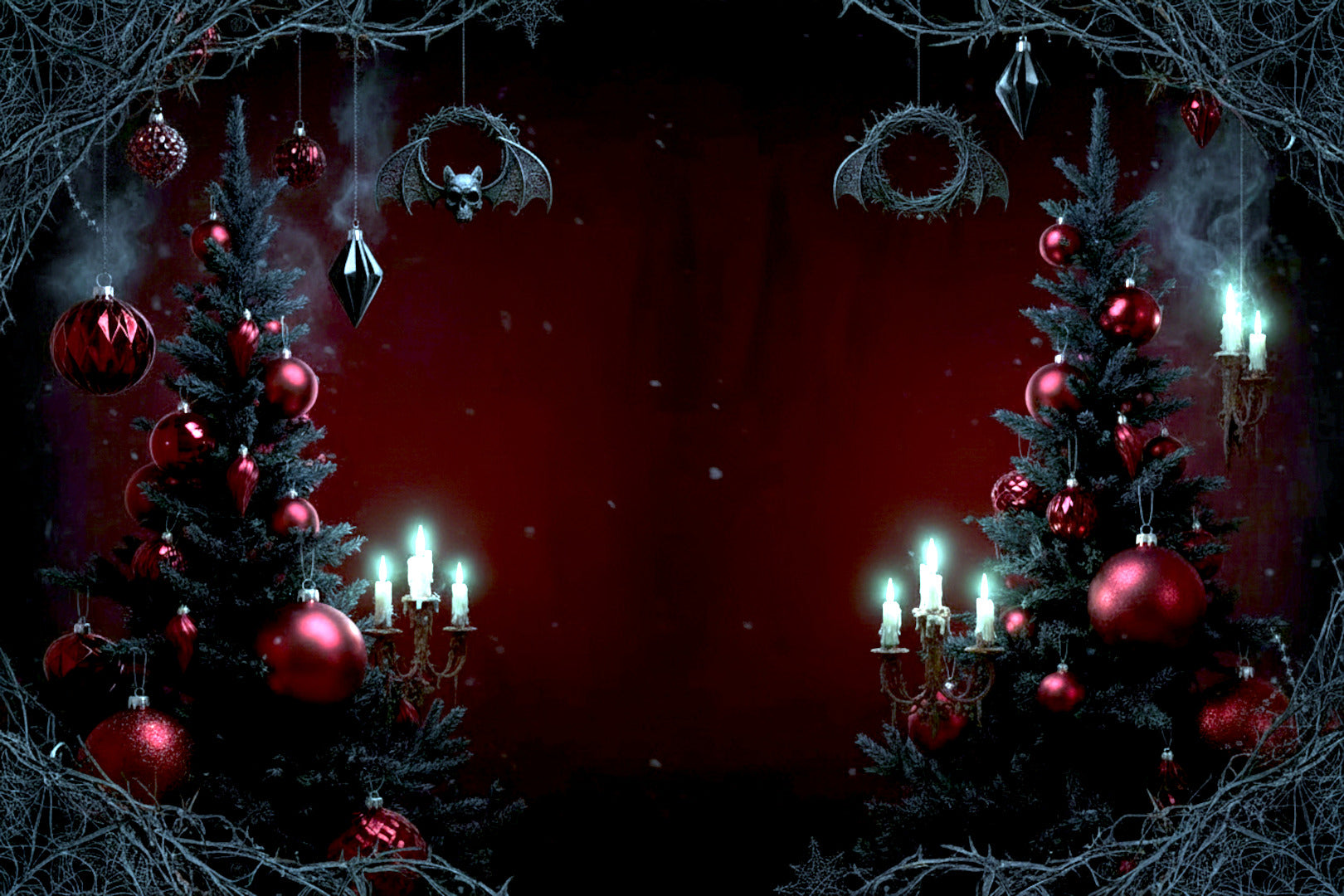 A dark Christmas with trees and ornaments.