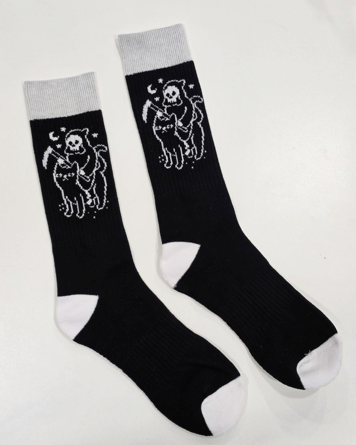 Hot Topic Threadless Grim & Cat Crew Socks Black Grey Grim Reaper Gothic
