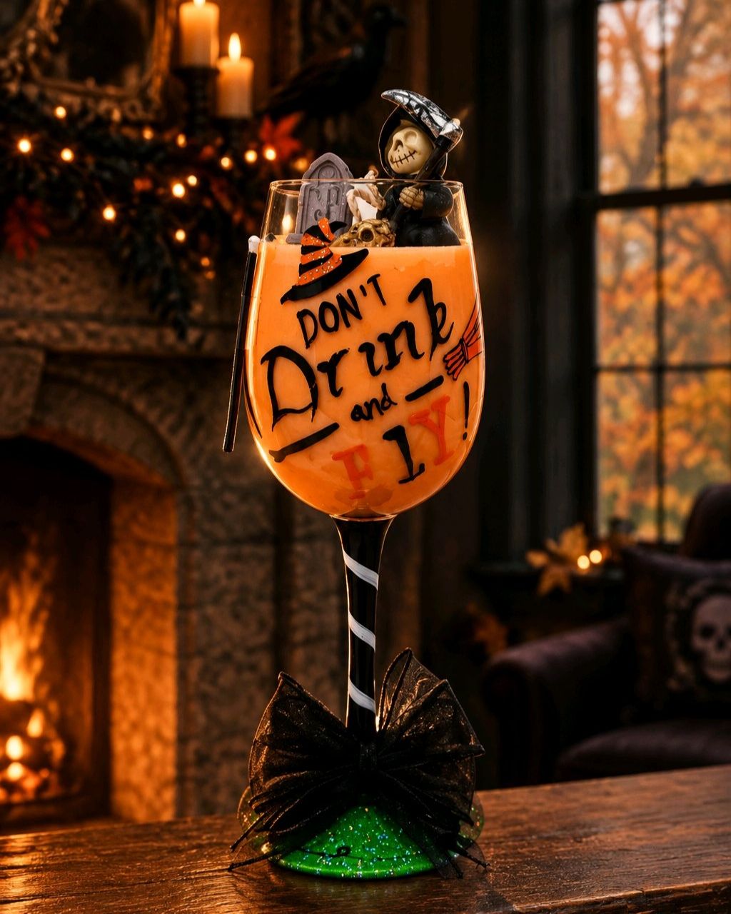 A Halloween-themed wine glass decoration displayed on a wooden table in a cozy living room setting with a fireplace. The stem is black and white striped, decorated with a large black bow at the base, and the bowl contains orange liquid with the text 'DON'T Drink and FLY!' along with small witch and ghost figurines.