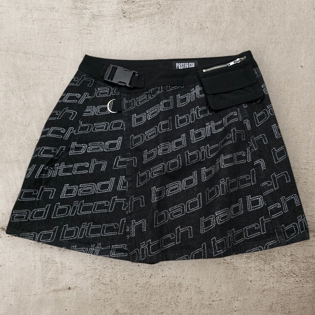 Black Denim Wrap Skirt With Attached Pocket Clip Belt Closure -  - Skirts