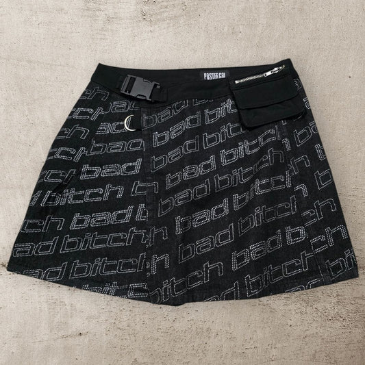 Black Denim Wrap Skirt With Attached Pocket Clip Belt Closure -  - Skirts