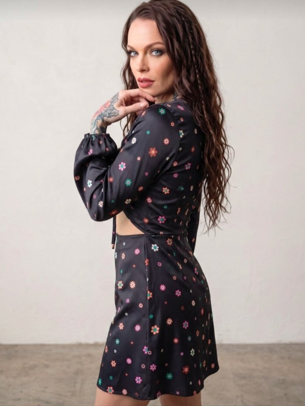 Another Girl Trippy Floral Cut Out Recycled Satin Long Sleeve Mini Dress M