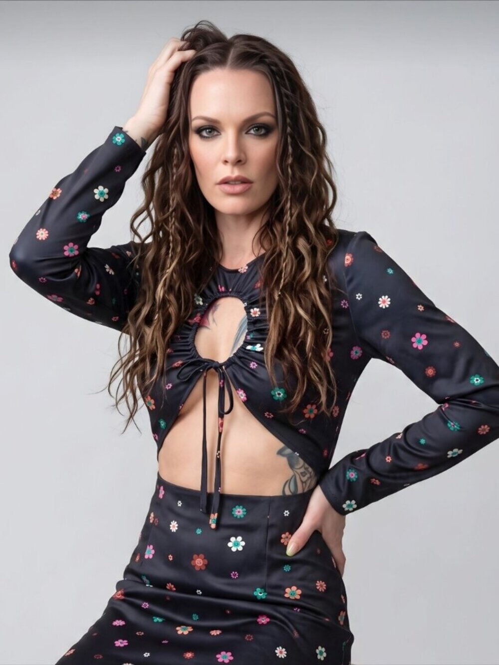 Another Girl Trippy Floral Cut Out Recycled Satin Long Sleeve Mini Dress M