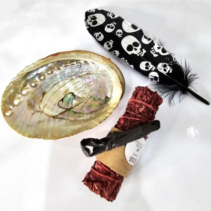Smudging Set | Dragon's Blood Sage, Black Skull Feather, and Abalone Shell - A Gothic Universe - Smudging Sets