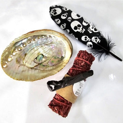 Smudging Set | Dragon's Blood Sage, Black Skull Feather, and Abalone Shell - A Gothic Universe - Smudging Sets