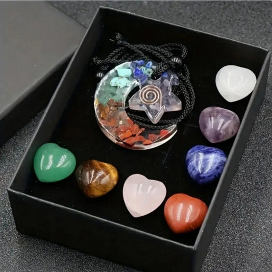 Handmade Healing Crystals Set | Moon Star Pendant Necklace & 7 Chakra Crystals - A Gothic Universe - Necklaces